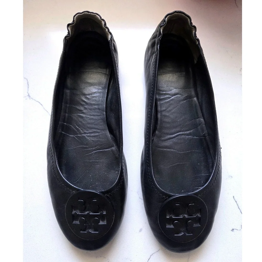 Tory Burch Minnie Travel Ballet Flats Black Leather Logo Medallion 8M 51158251